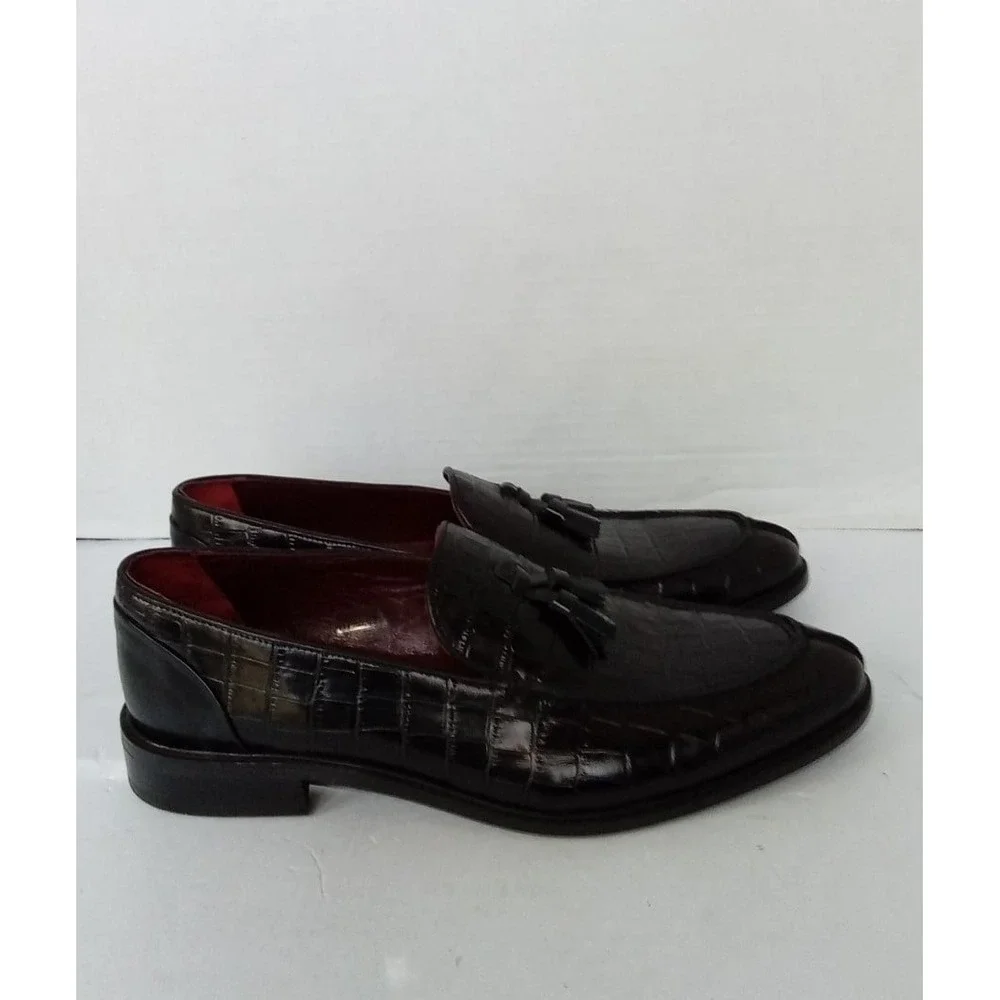 Deckard Mens Croc Embossed Leather Tassel Loafers Dark Brown Dress Shoes